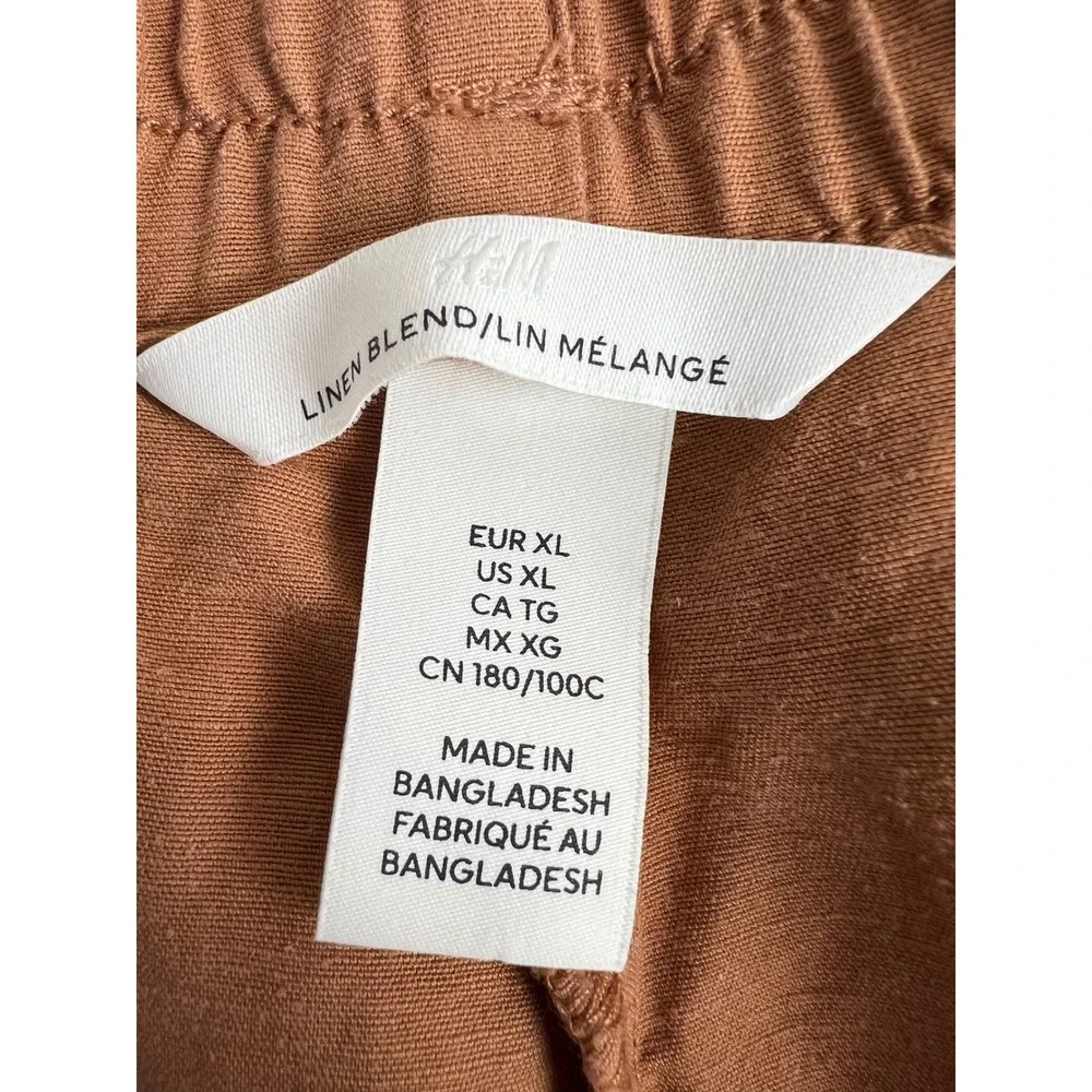 H&M Linen Blend Wide Leg Crop Pants XL Rust Brown Pull On Elastic Waist Coastal‎